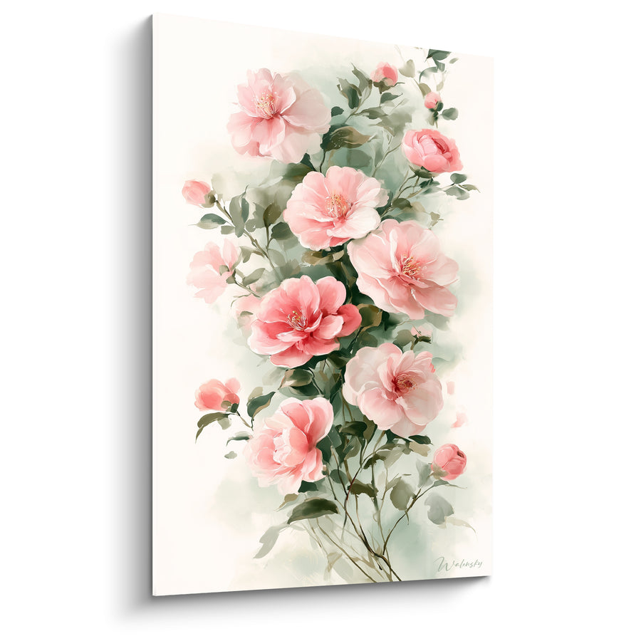 Tableau Camélias roses en cascade fleurie - Guirlande de branches - Edition Camélia