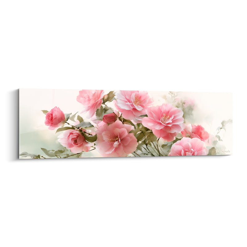 Tableau Camélias roses et blancs sur branche étalée - Étamines dorées visibles - Edition Camélia