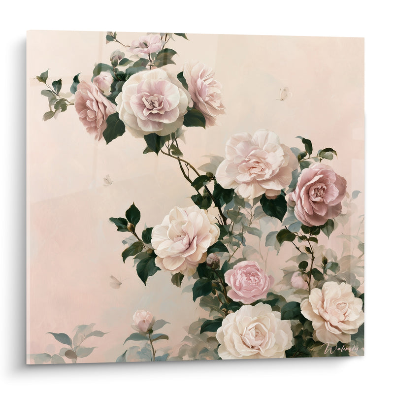 Tableau Camélias roses et blancs sur branche fleurie - Jardin en éveil - Edition Camélia