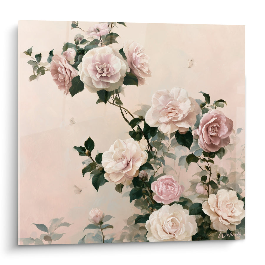 Tableau Camélias roses et blancs sur branche fleurie - Jardin en éveil - Edition Camélia