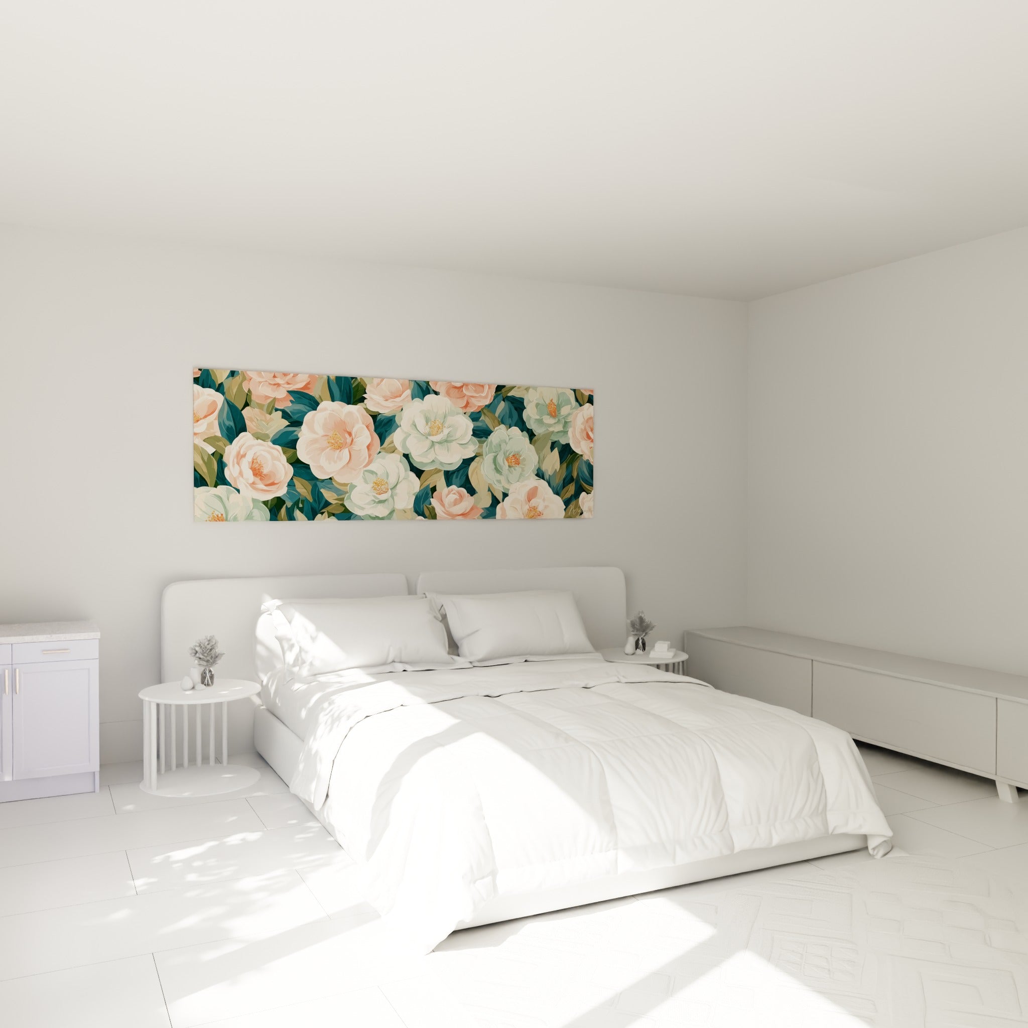 Bouquet de camélias rose poudré et vert d'eau au-dessus d'un lit dans une chambre claire