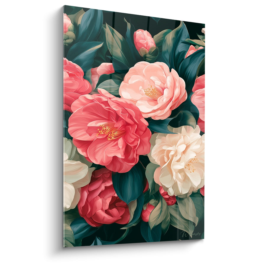 Tableau Fleurs roses et crème aux feuilles vert foncé - Éclosion généreuse - Edition Camélia
