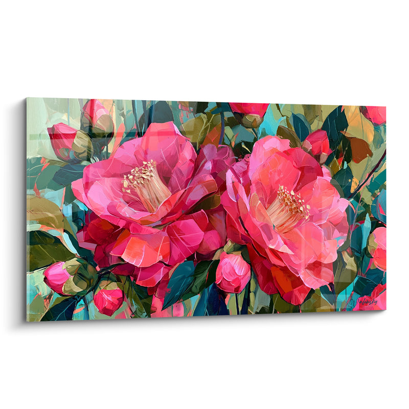 Tableau Camélias fuchsia et verts aux boutons serrés - Touches de peinture vibrantes - Edition Camélia