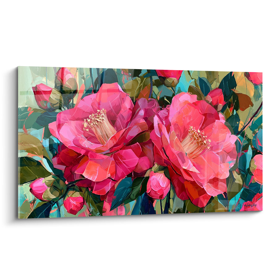 Tableau Camélias fuchsia et verts aux boutons serrés - Touches de peinture vibrantes - Edition Camélia