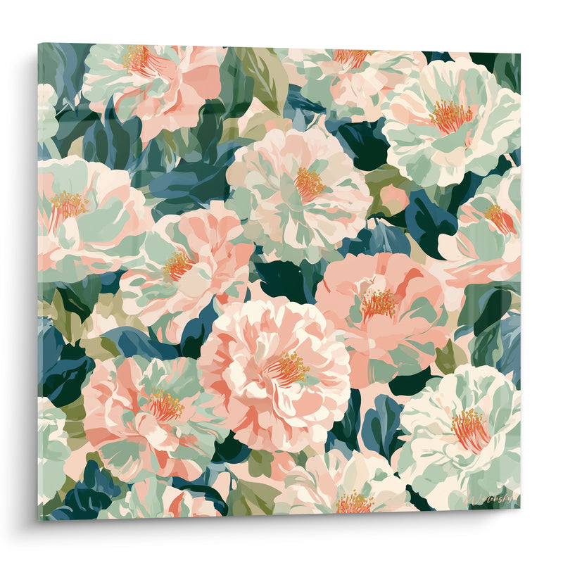 Tableau Camélias roses aux feuillages bleu marine - Jardin en pleine éclosion - Edition Camélia
