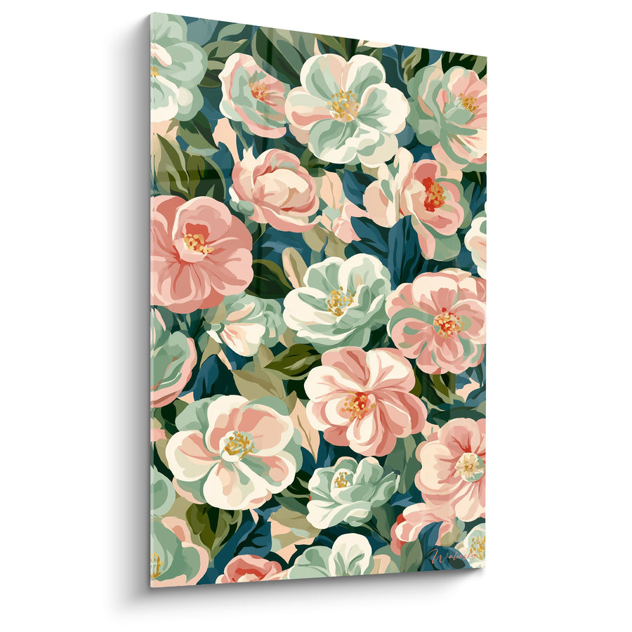 Tableau Camélias rose pâle et menthe entremêlés - Fond bleu profond - Edition Camélia
