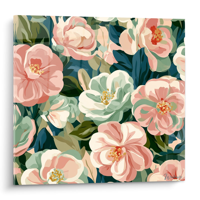 Tableau Camélias roses et menthe entrelacés - Bouquet dense fleuri - Edition Camélia