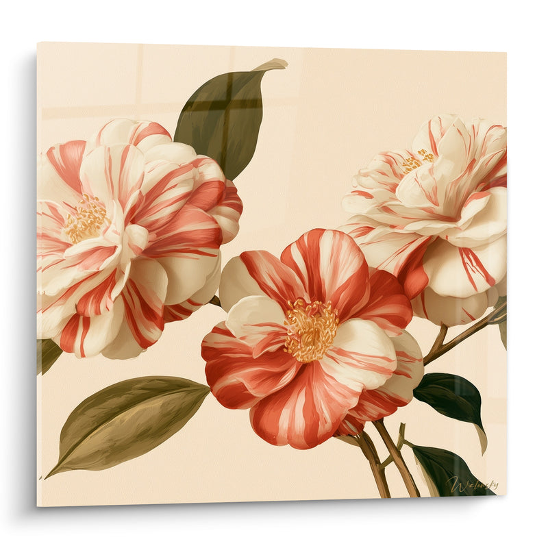 Tableau Fleurs rouges et blanches aux pétales striés - Éveil printanier - Edition Camélia