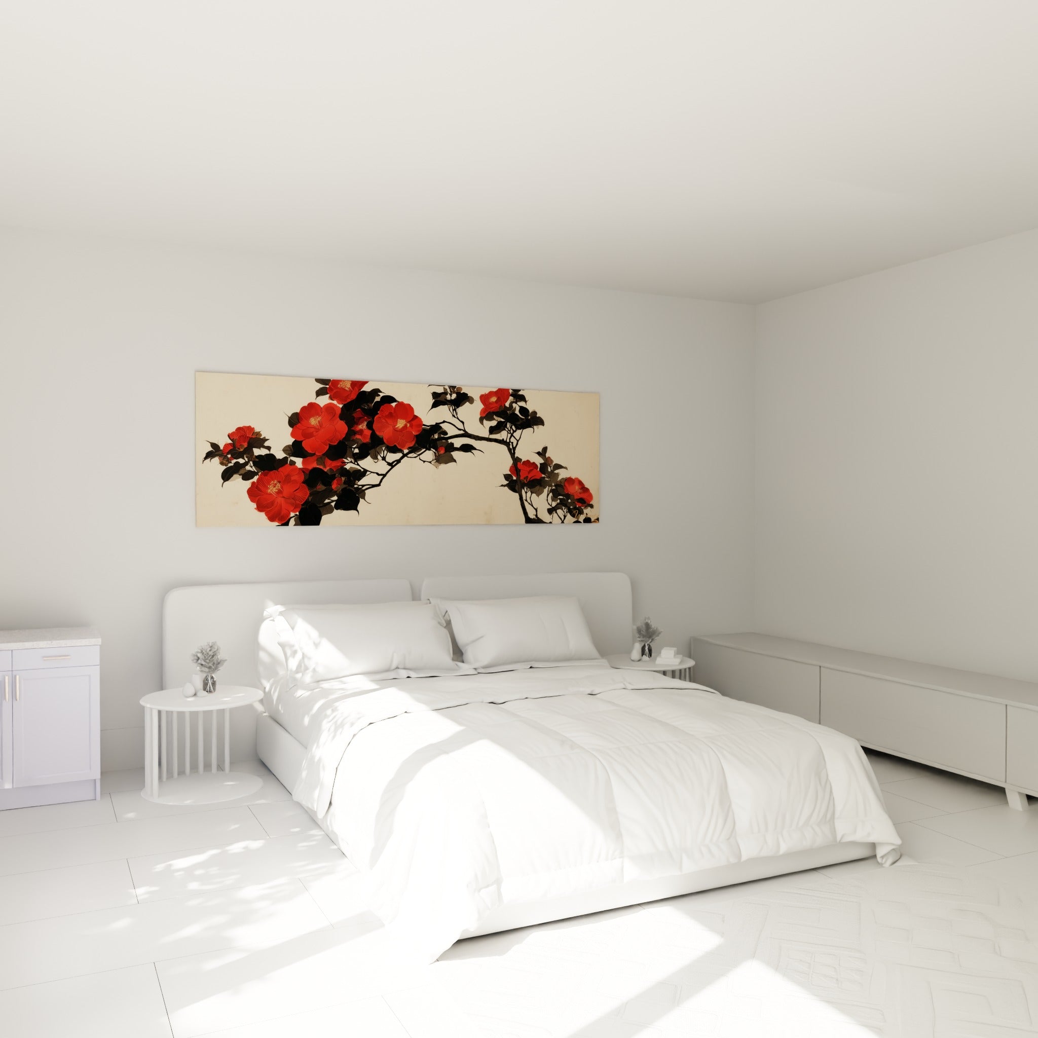 Fleurs de camélia rouge et branches noires sur fond ivoire, au-dessus d'un lit dans une chambre claire