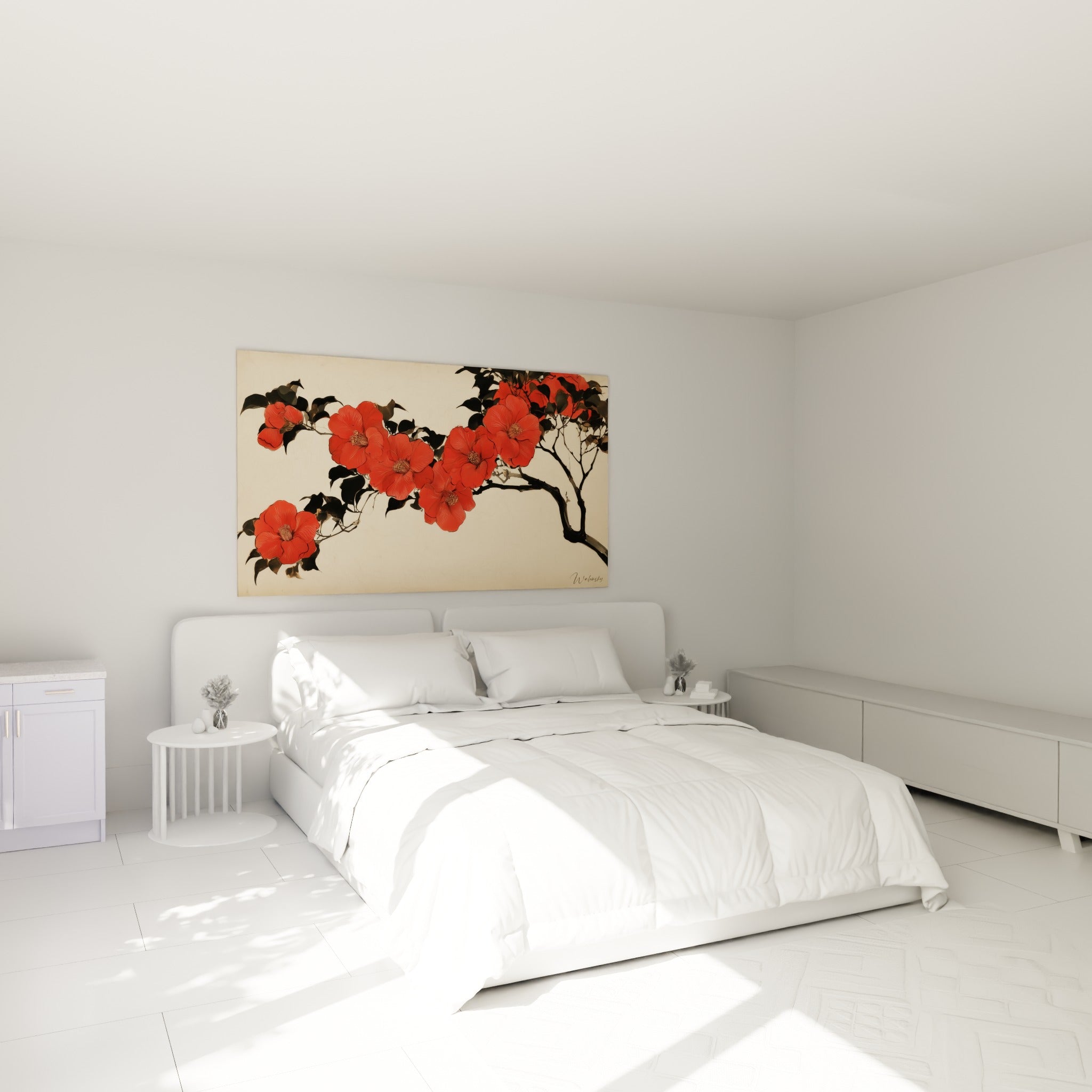 Fleurs de camélia rouge et noir accrochées au-dessus d'un lit dans une chambre claire