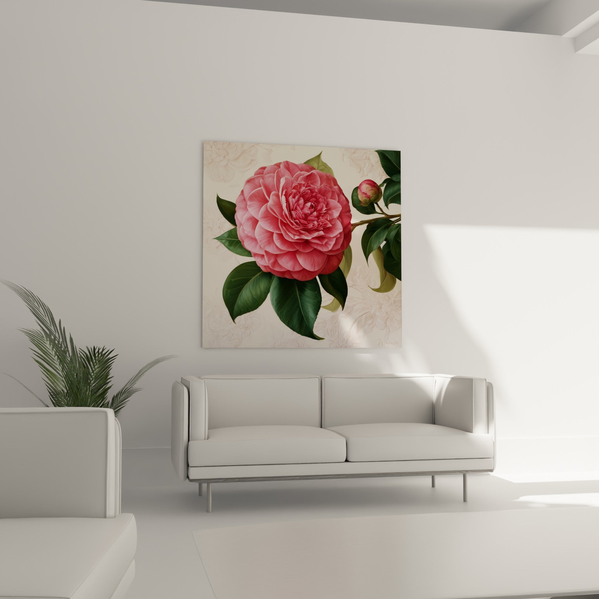 Rosette de camélia rose et fuchsia entourée de feuillage vert foncé, au-dessus d'un canapé dans un salon lumineux.