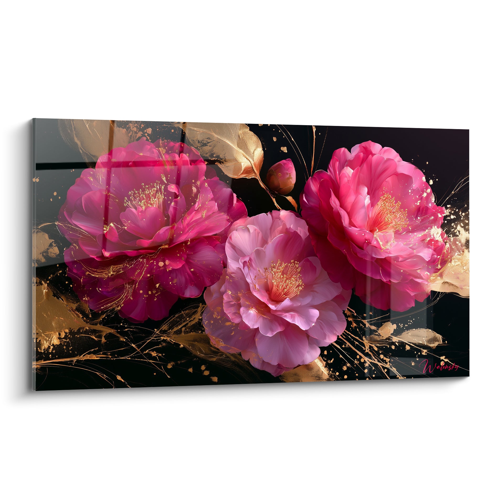 Camélias fuchsia et roses aux reflets dorés sur fond noir profond, style pictural botanique intense.
