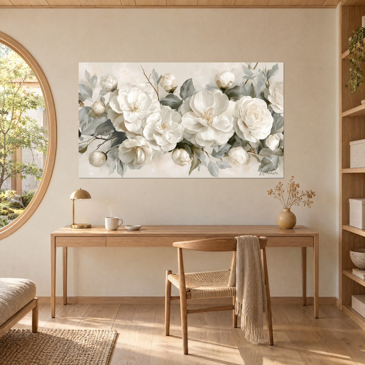 Quadro di fiori di camelia madreperlacei e petali setosi color crema, rami marroni, scrivania in rovere chiaro, lampada di carta e rattan