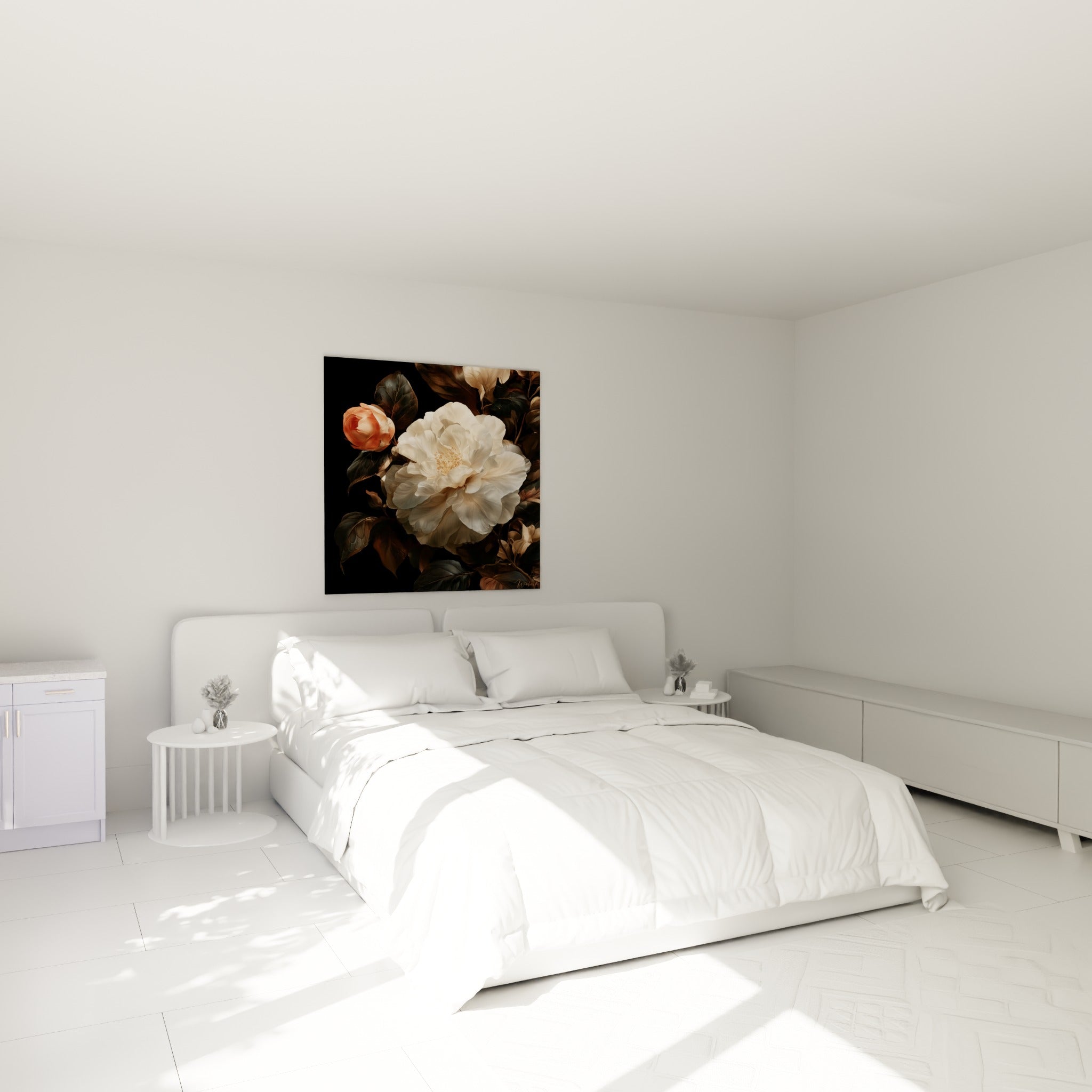 Fleur de camélia crème et bouton rose pêche peints sur noir, accrochée au-dessus d'un lit dans une chambre claire