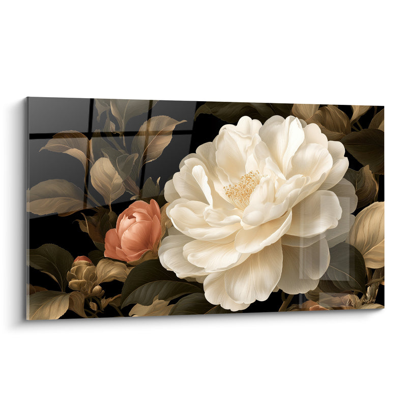 Tableau Camélia ivoire et corail près d'un bourgeon fermé - Reflet quadrillé sombre - Edition Camélia