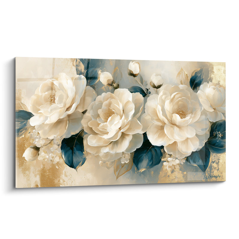 Tableau Camélias ivoire et bleu marine en guirlande dorée - Petites fleurs blanches satellites - Edition Camélia
