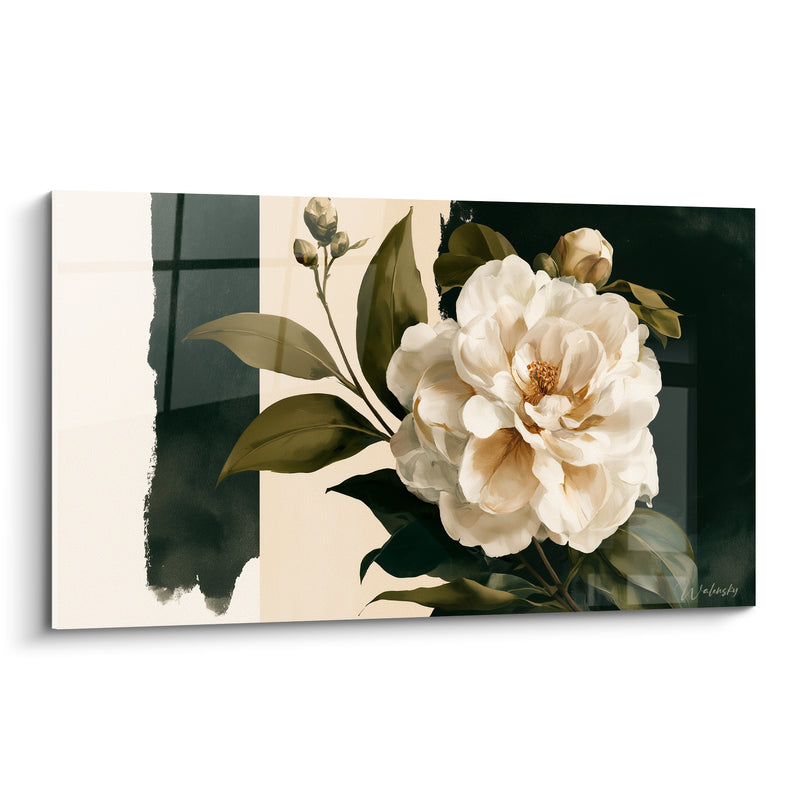 Tableau Camélia ivoire et noir aux bandes verticales - Boutons fermés en grappe - Edition Camélia