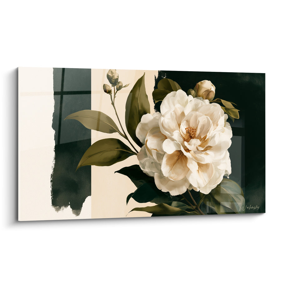 Tableau Camélia ivoire et noir aux bandes verticales - Boutons fermés en grappe - Edition Camélia