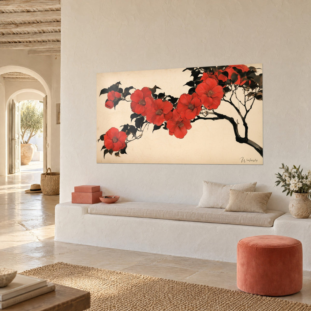 Tableau fleurs rouge vermillon et feuillage d'encre noire sur crème, vue de trois-quarts, banquette blanche