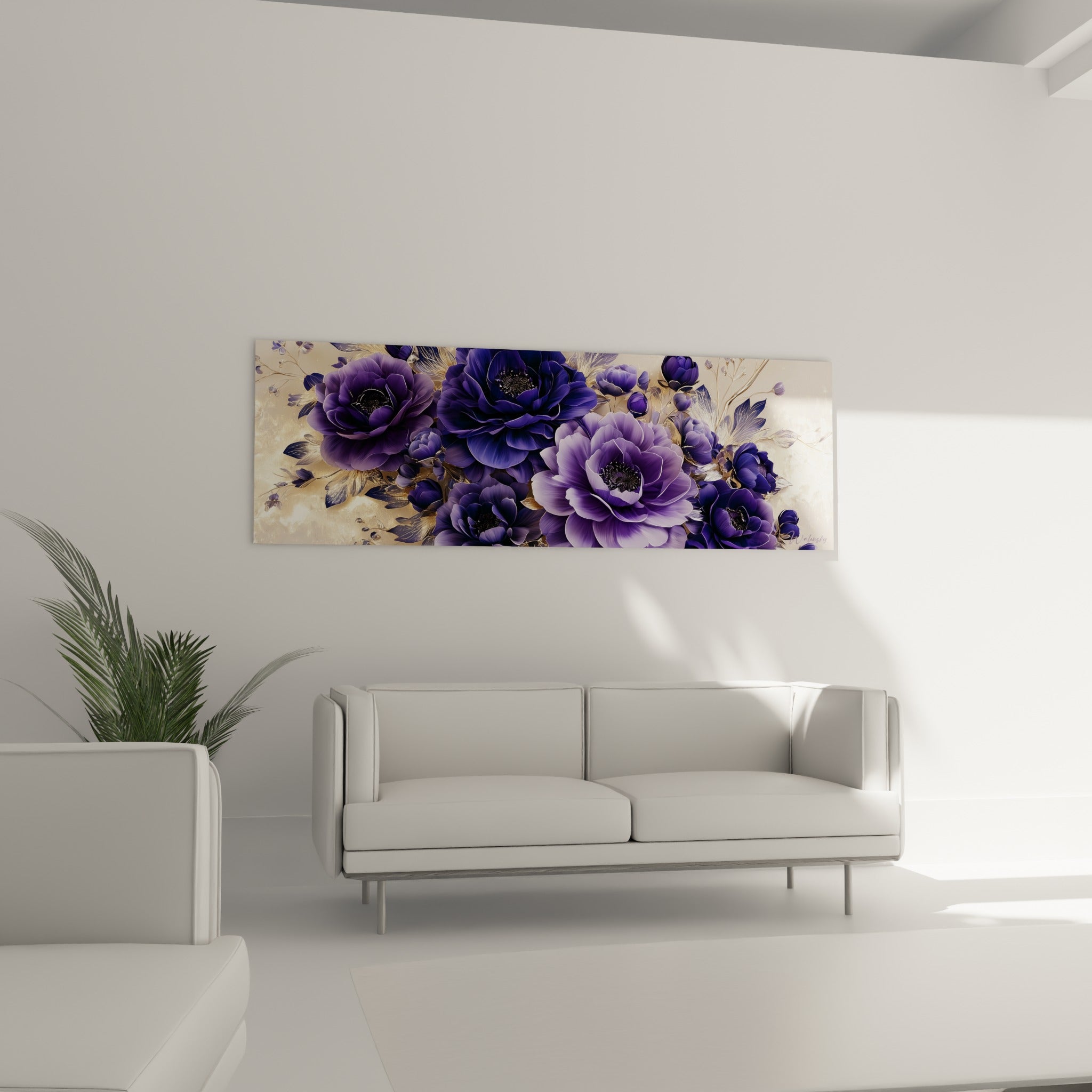 Fleurs de camélia lavande et anthracite dégageant un éclat doré au-dessus d'un canapé dans un salon lumineux
