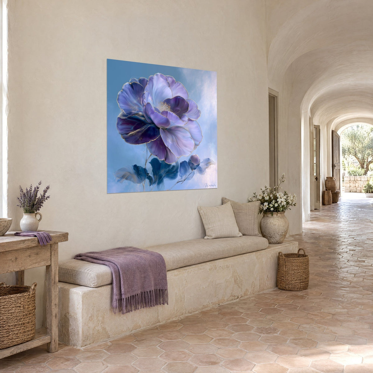 Wall art Large lilac and indigo flower edged in gold, rosebud at its base, at the end of a vaulted gallery in a Provençal farmhouse