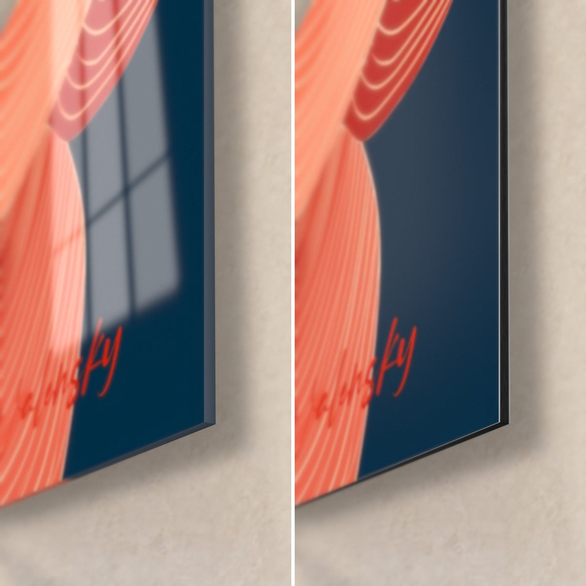 Quadro camelia corallo e blu navy, angolo in basso a destra: vetro acrilico lucido con riflessi, alluminio Dibond opaco, spessore 3 mm