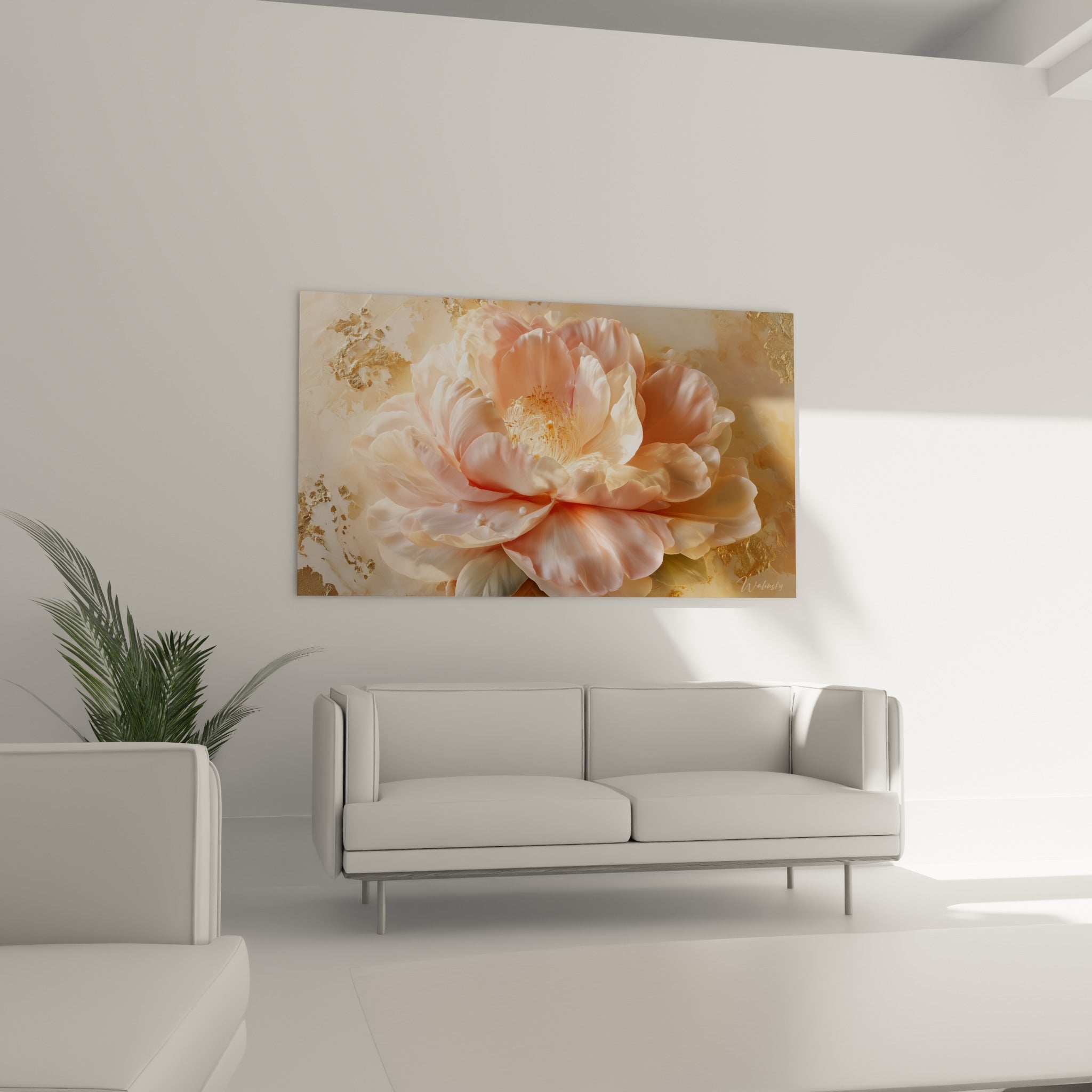 Pétales de camélia rose pâle et ocre ornés de perles nacrées, suspendus au-dessus d'un canapé dans un salon lumineux