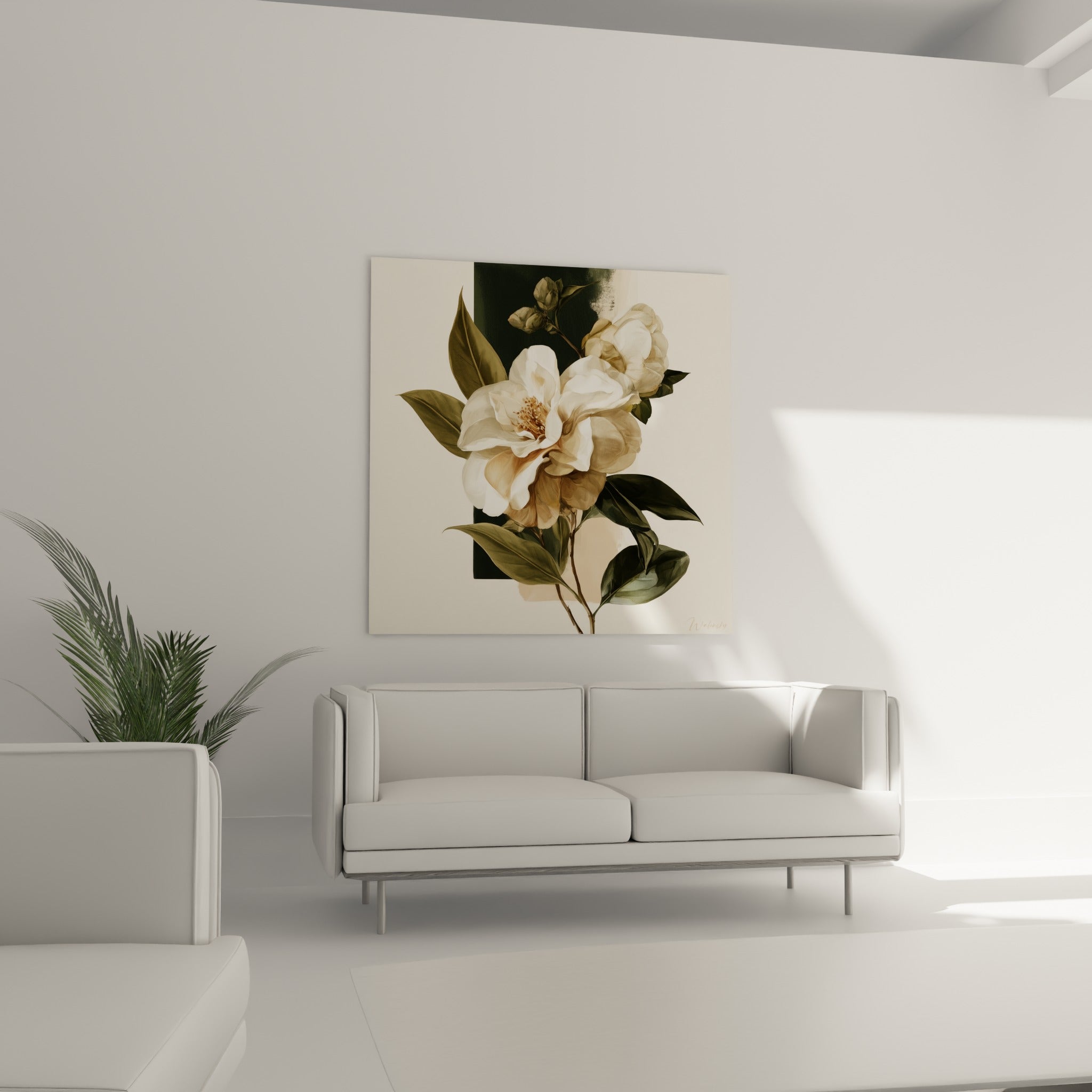 Pétales blanches et beige doré du camélia entourées de feuillage vert foncé, au-dessus d'un canapé dans un salon lumineux