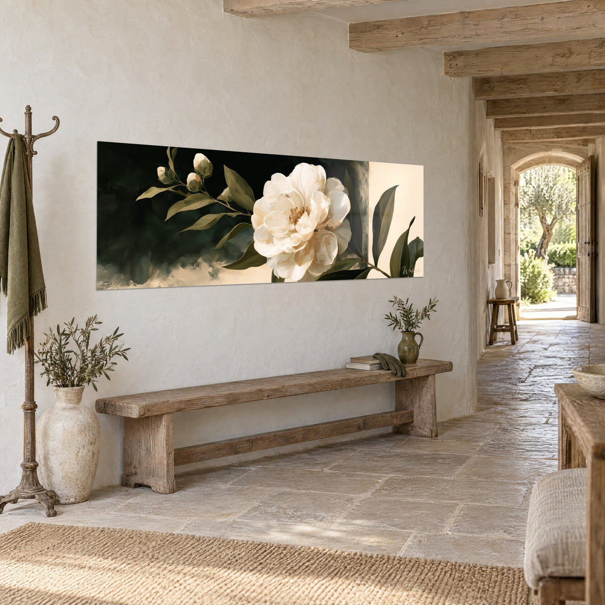 Wall art White flower with cream petals and golden heart, dark green foliage on beige background, in a stone house