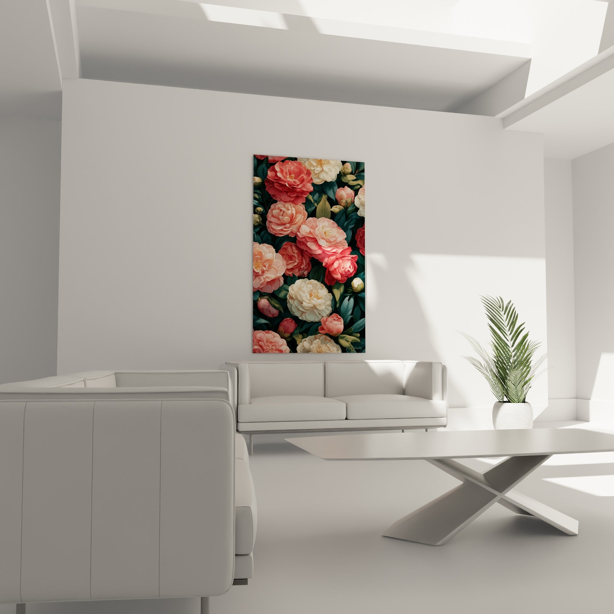 Fleurs de camélia corail et blanc crème accrochées au-dessus d'un canapé dans un salon lumineux