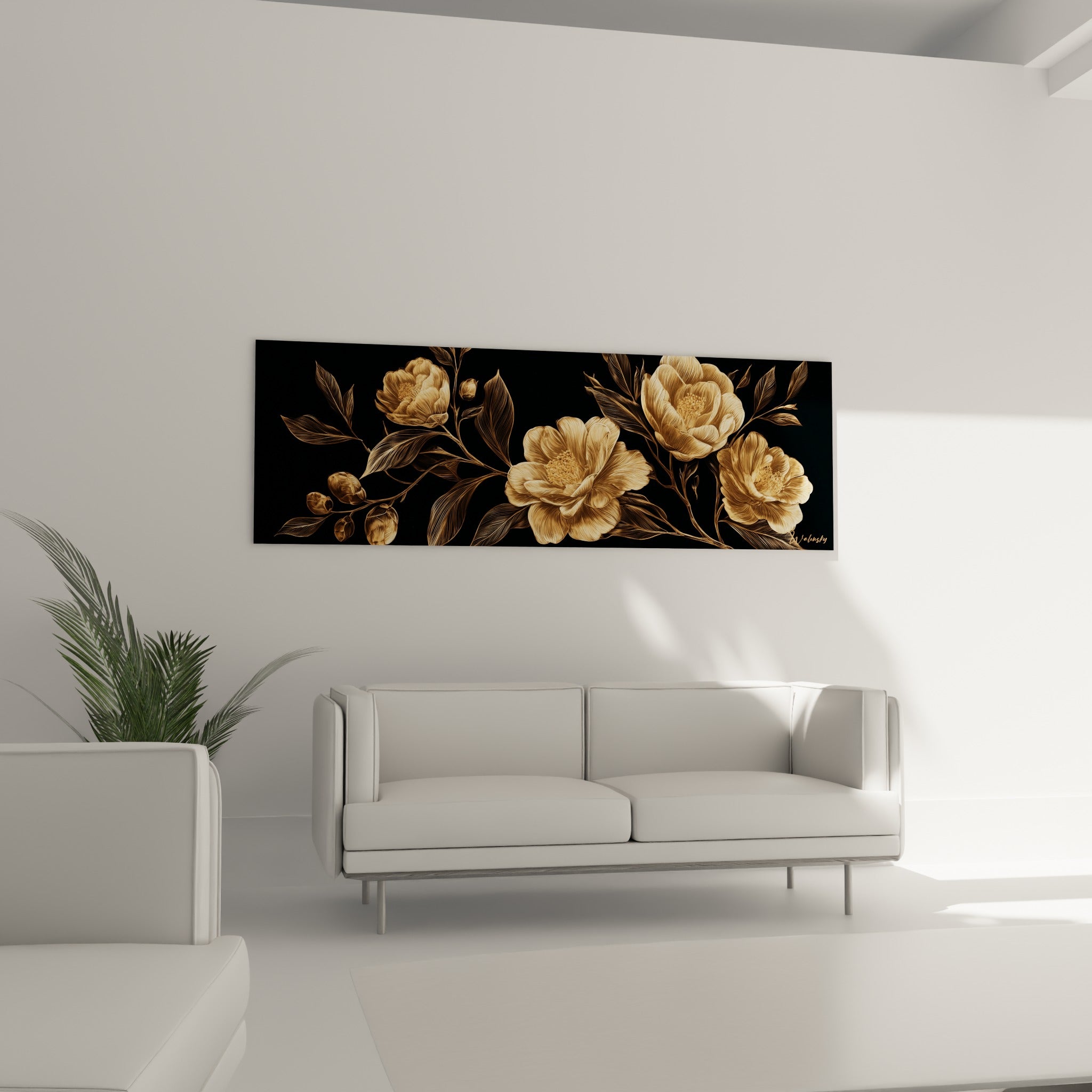 Fleurs de camélia couleur or et bronze illuminant un fond sombre, au-dessus d'un canapé dans un salon lumineux