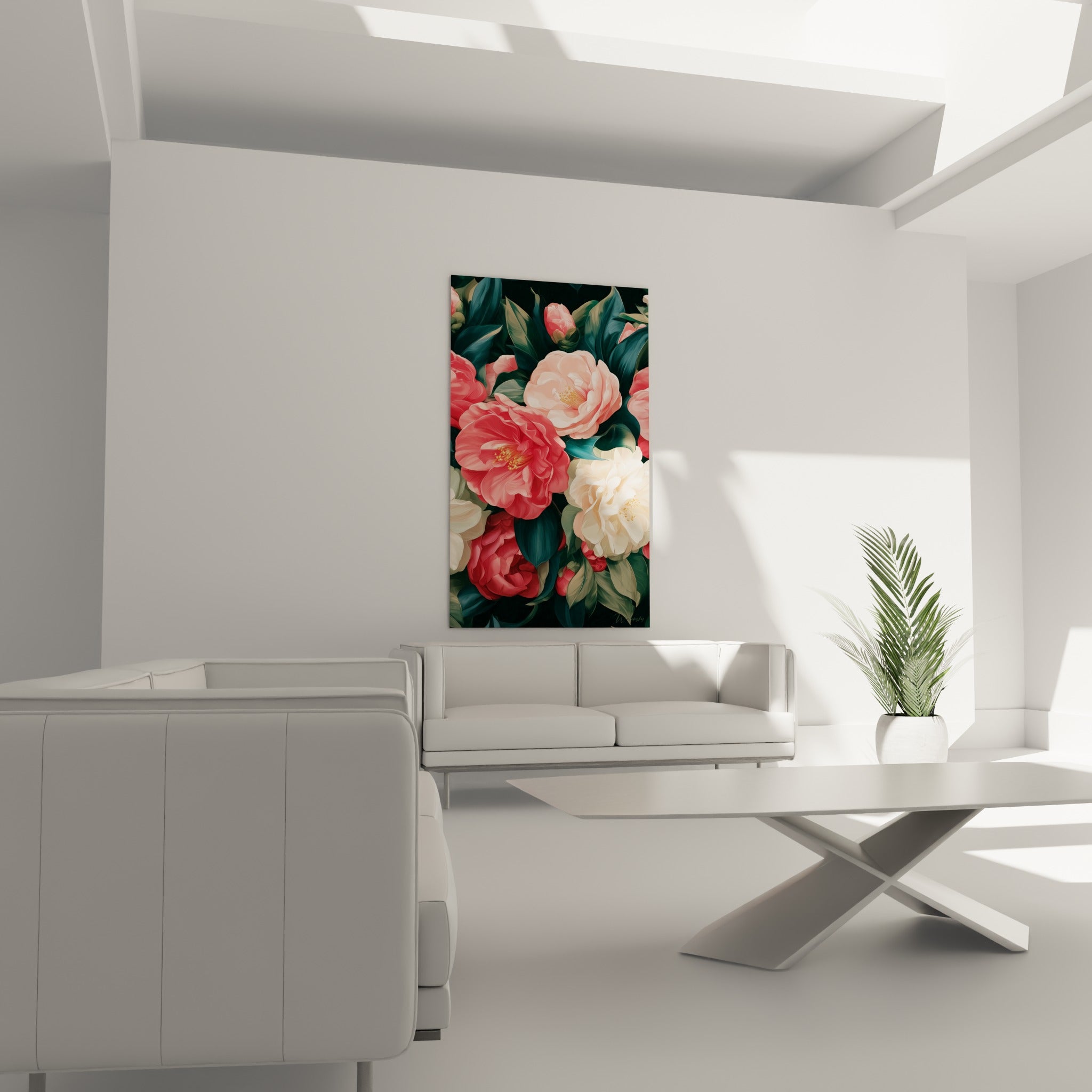 Fleurs de camélia corail et blanc crème entourées de feuilles vertes, au-dessus d'un canapé dans un salon lumineux