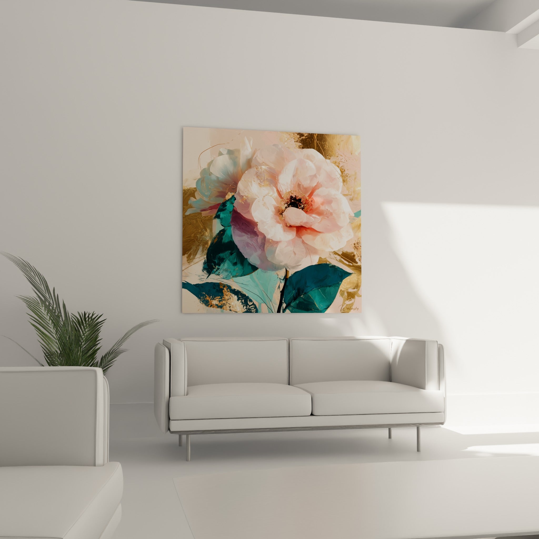 Pétales de camélia blanc et corail, touches d'or et de vert émeraude, au-dessus d'un canapé dans un salon lumineux