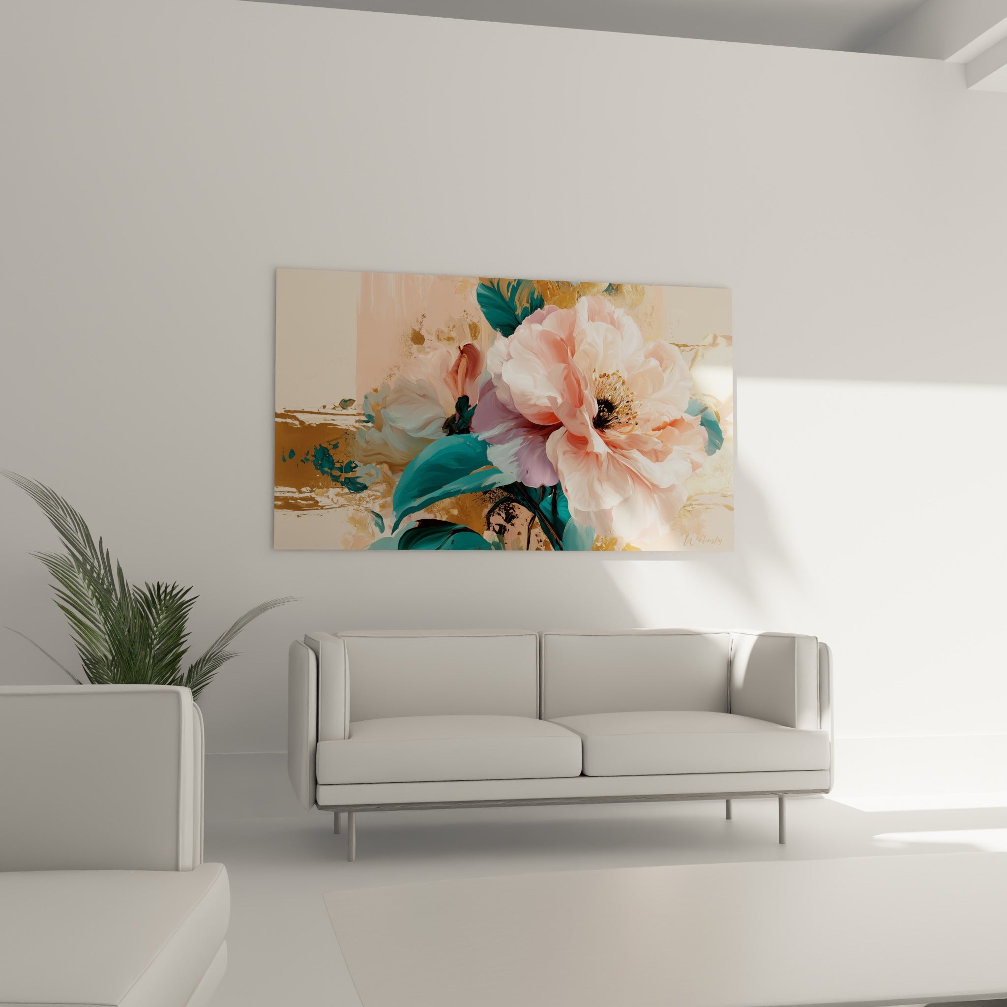 Pétales roses et feuillage émeraude du camélia, touches dorées lumineuses, au-dessus d'un canapé dans un salon lumineux