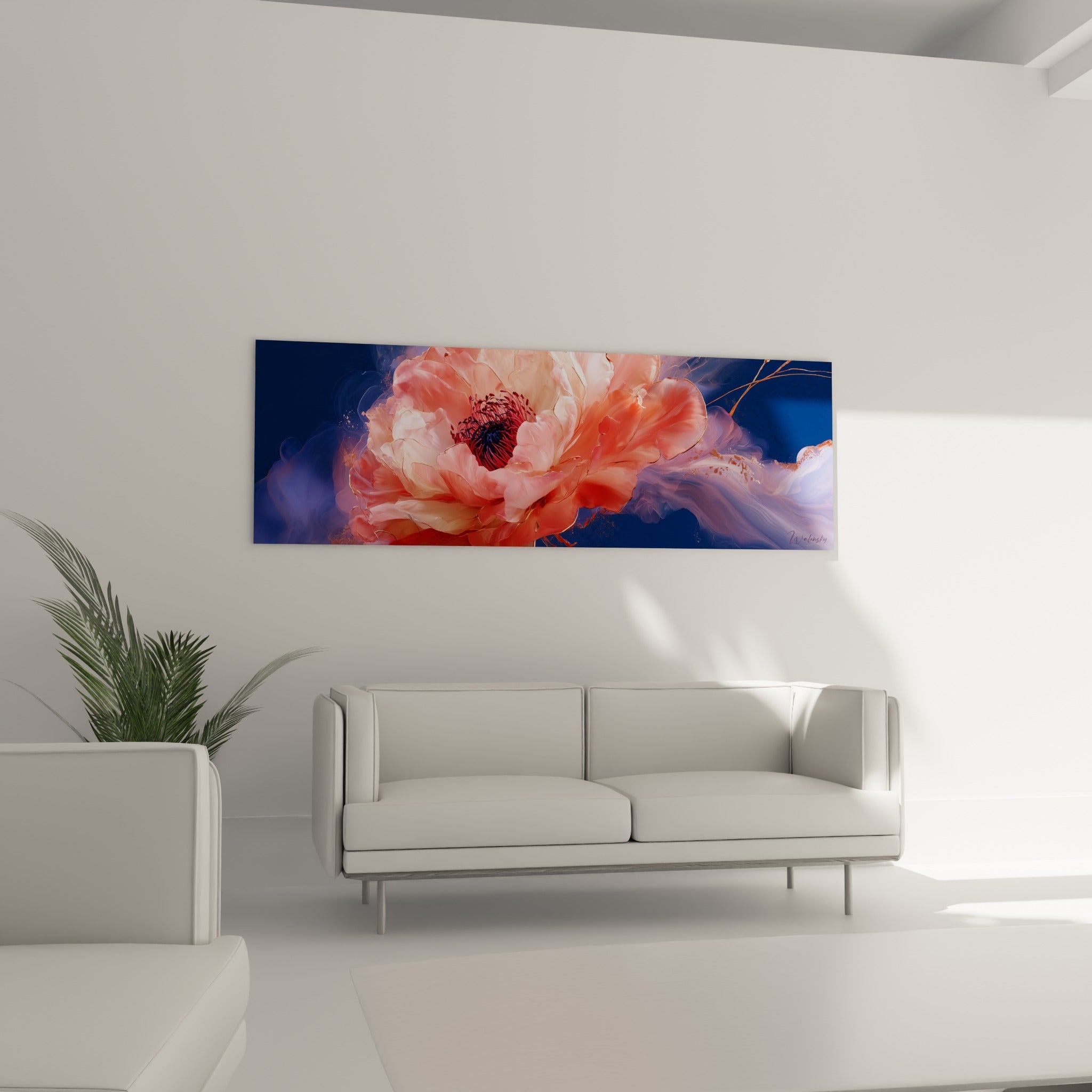 Pétales corail et cœur anthracite du camélia accrochés au-dessus d'un canapé dans un salon lumineux