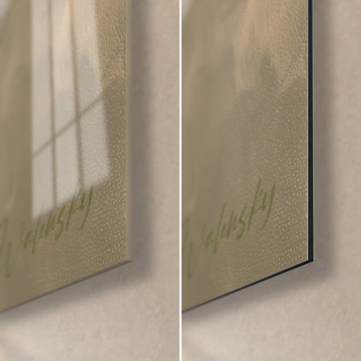 Gemälde elfenbeinfarbene Kamelie, untere rechte Ecke: glänzendes Acrylglas mit Reflexen links, mattschwarzes Dibond-Aluminium mit 3 mm Kante rechts