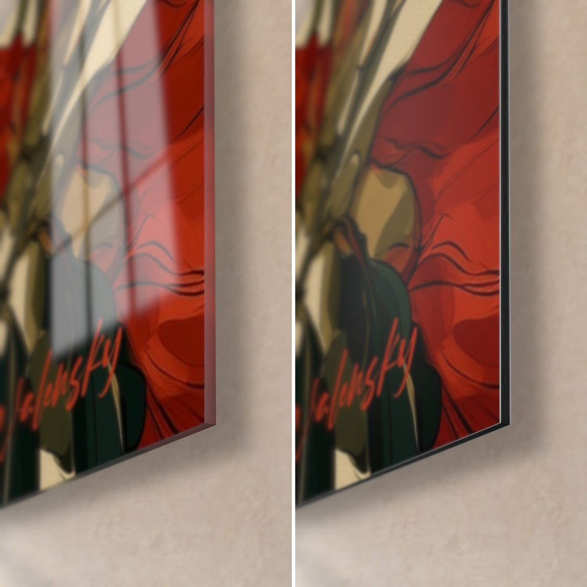Wall art Blood-red flower with ivory petals, bottom right corner: glossy glass with reflections on the left, matte Dibond aluminium on the right