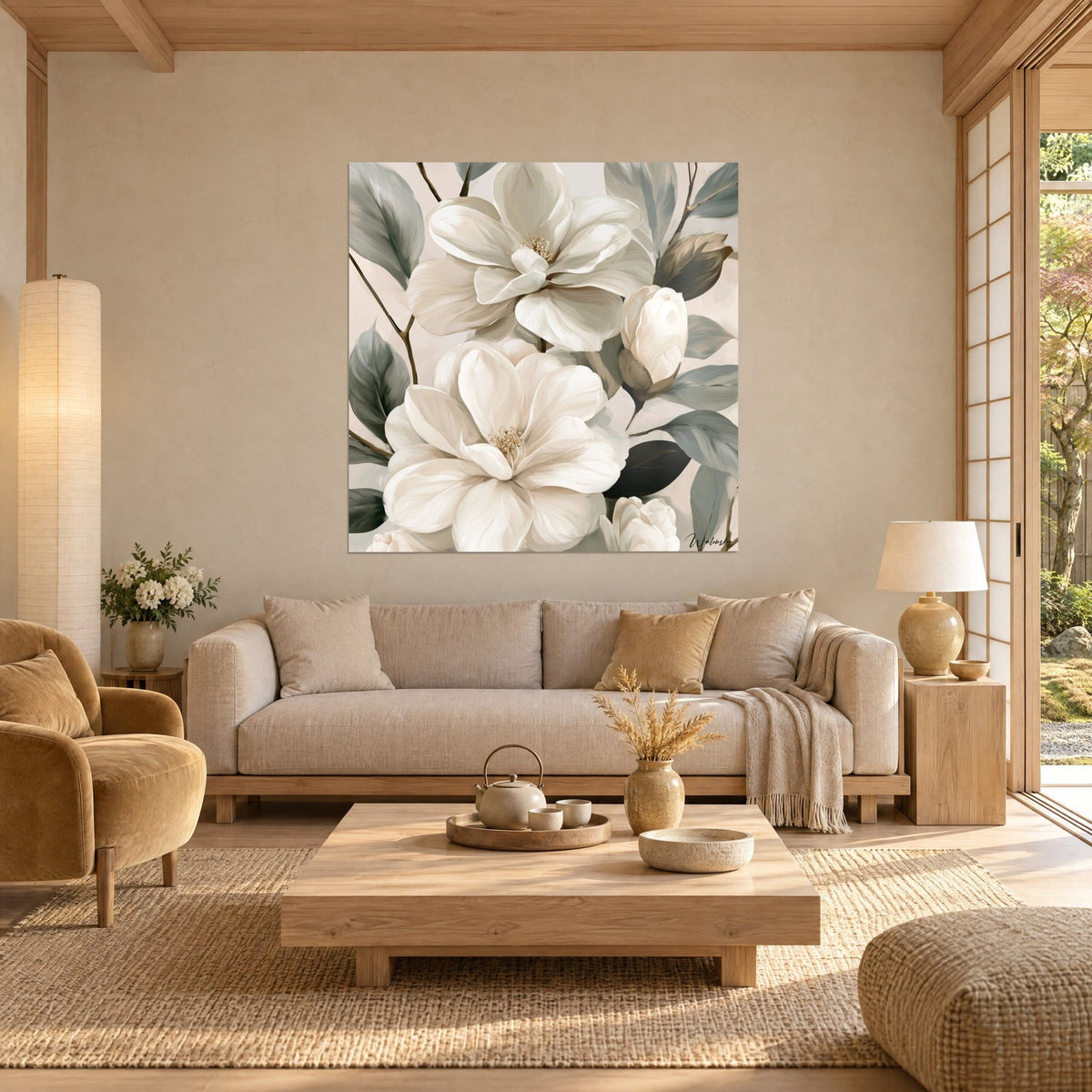 Quadro camelie avorio con foglie verde-grigio e stami giallo pallido, grandi fiori aperti, sopra un divano in un soggiorno luminoso