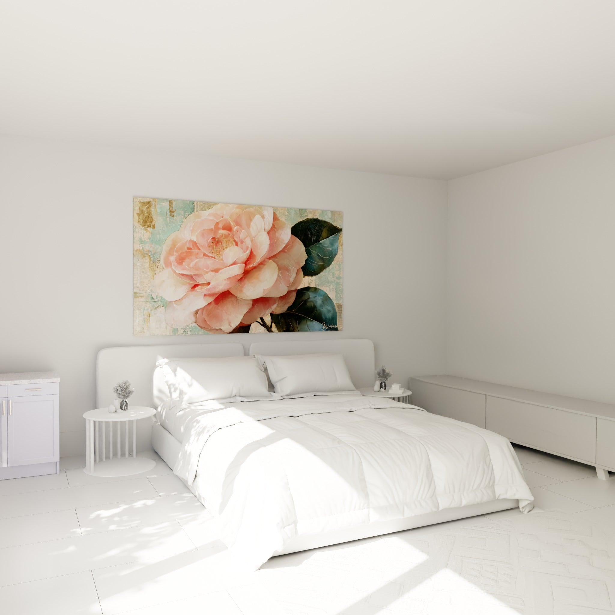Fleur de camélia rose et dorée peinte sur fond rétro, accrochée au-dessus d'un lit dans une chambre claire