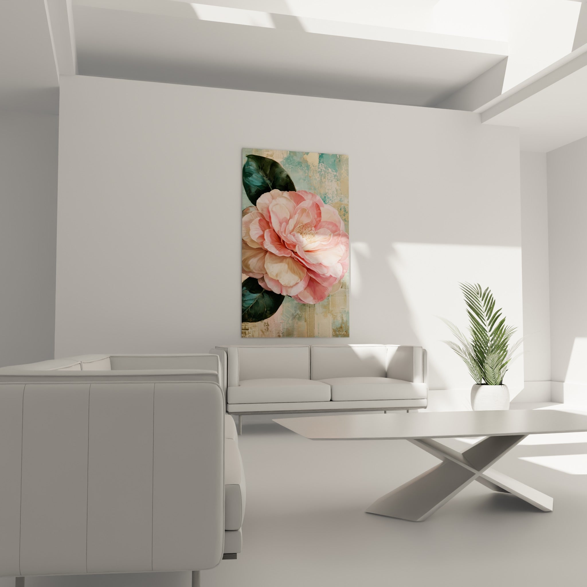 Pétales roses et cœur doré du camélia peints au-dessus d'un canapé dans un salon lumineux