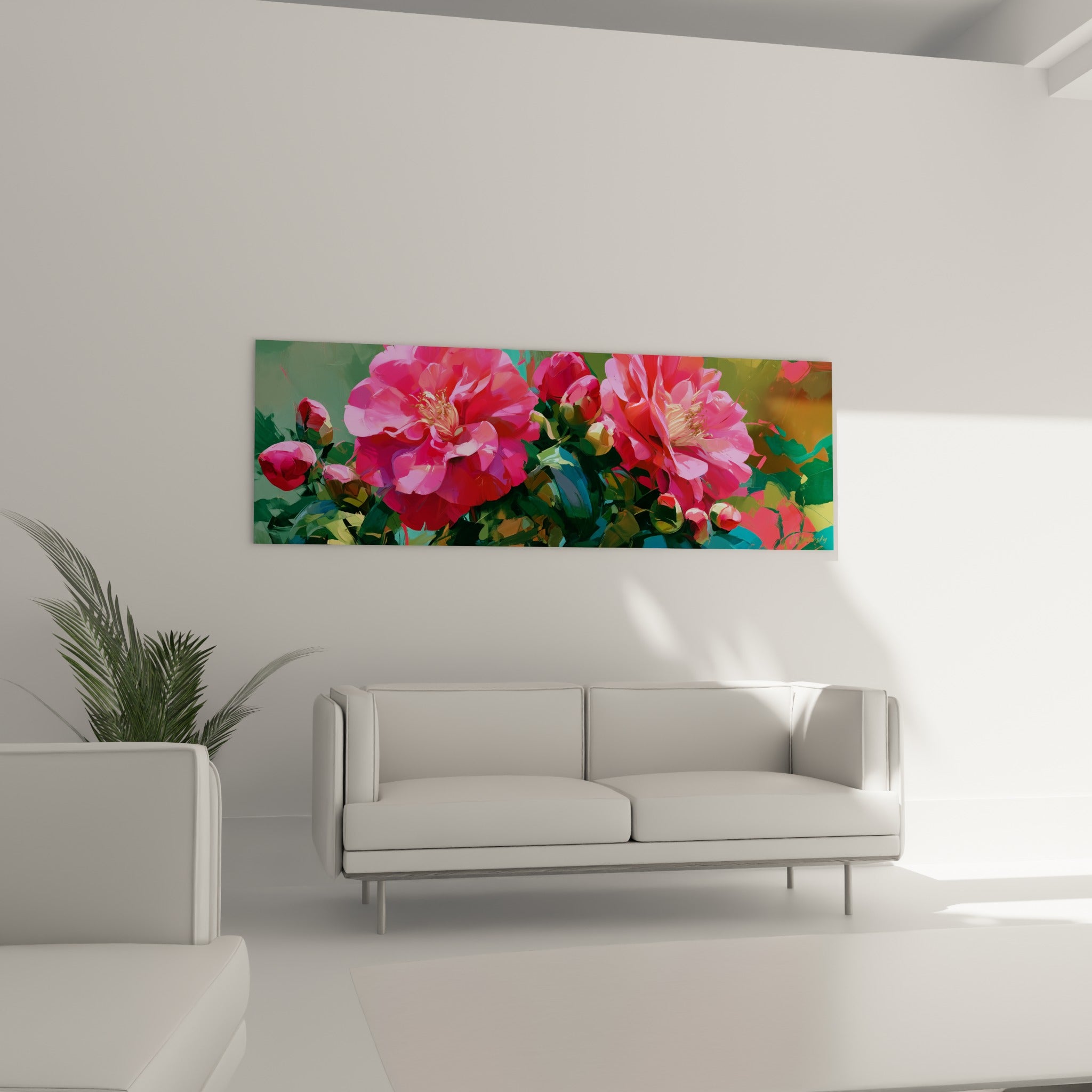 Fleurs de camélia rose et corail entourées de boutons, au-dessus d'un canapé dans un salon lumineux