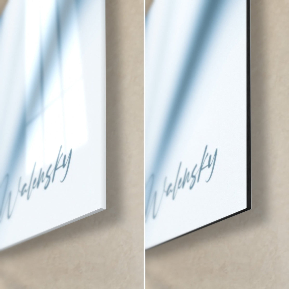 Cuadro corola púrpura, esquina inferior derecha: cristal acrílico brillante con reflejos azulados y aluminio Dibond negro mate, firma Walensky, canto de 3 mm