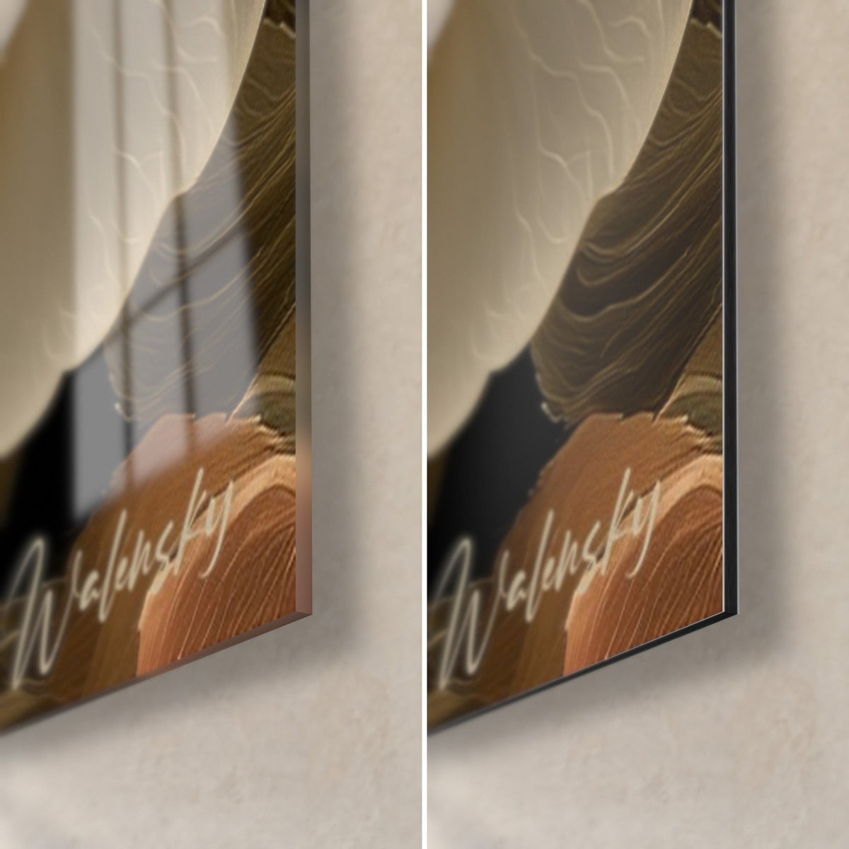Tableau fleur ivoire, coin bas droit : verre acrylique brillant aux reflets à gauche, alu Dibond mat à droite, tranche de 3 mm