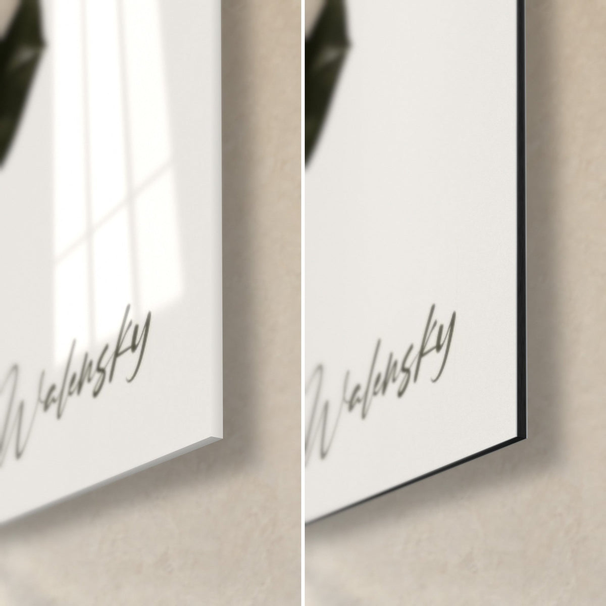 Cuadro con camelias rojas, esquina inferior derecha: vidrio acrílico brillante con reflejos y aluminio Dibond negro mate, firma Walensky gris