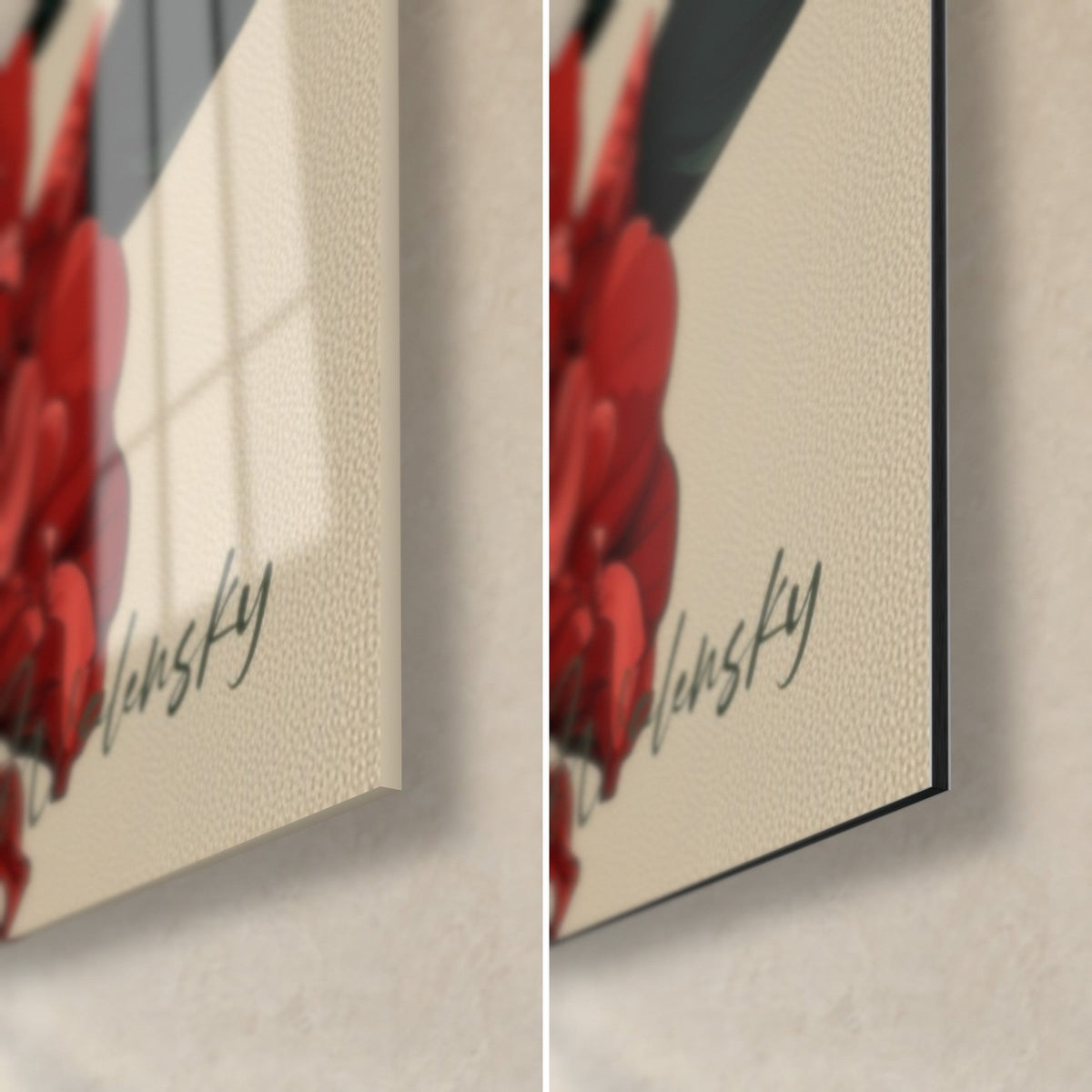 Cuadro de flores rojas y blancas, esquina inferior derecha: cristal acrílico brillante a la izquierda, aluminio Dibond beige mate a la derecha, canto de 3 mm