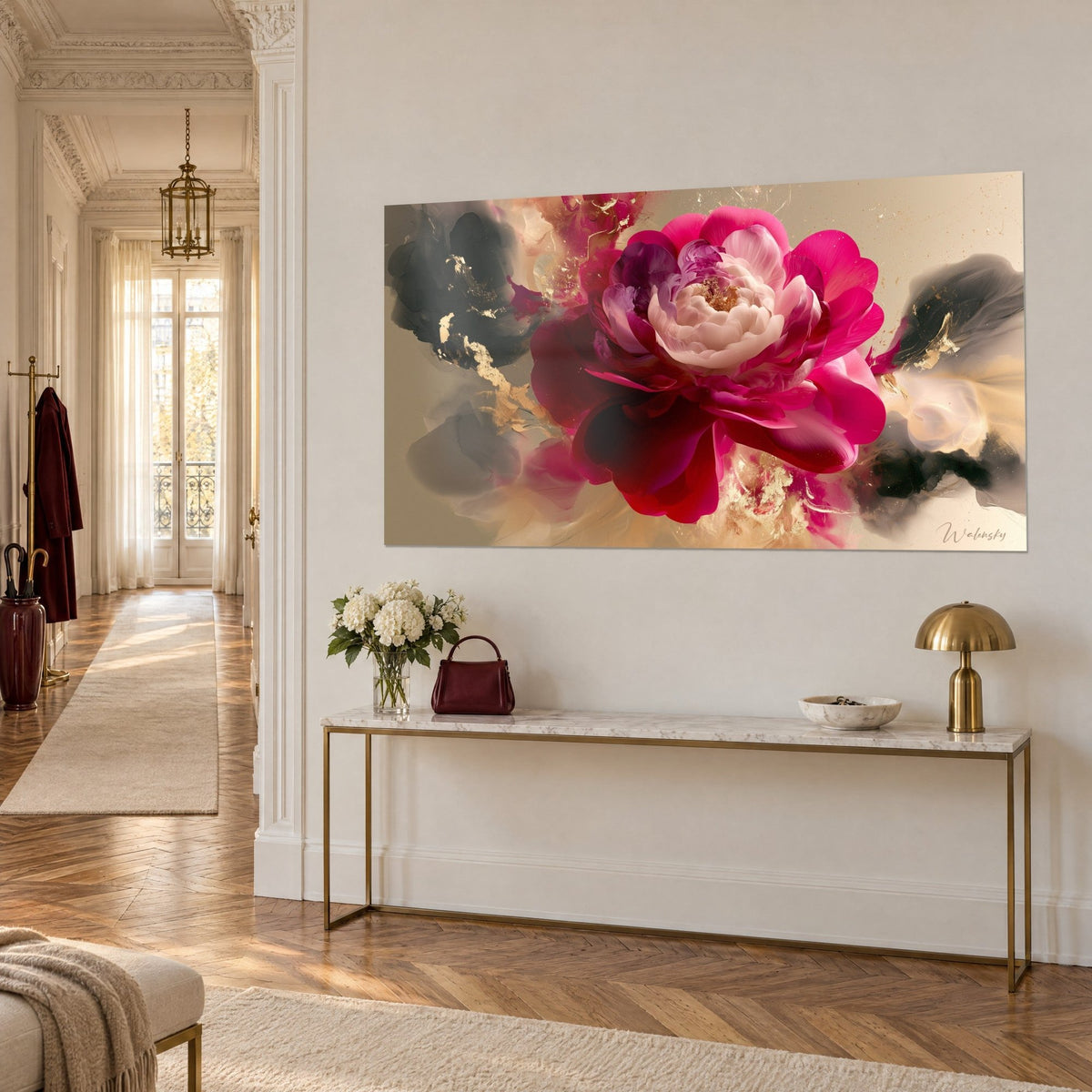 Wall art fuchsia flower with cream petals and golden heart, three-quarter view on a white wall, brass console, Haussmann apartment
