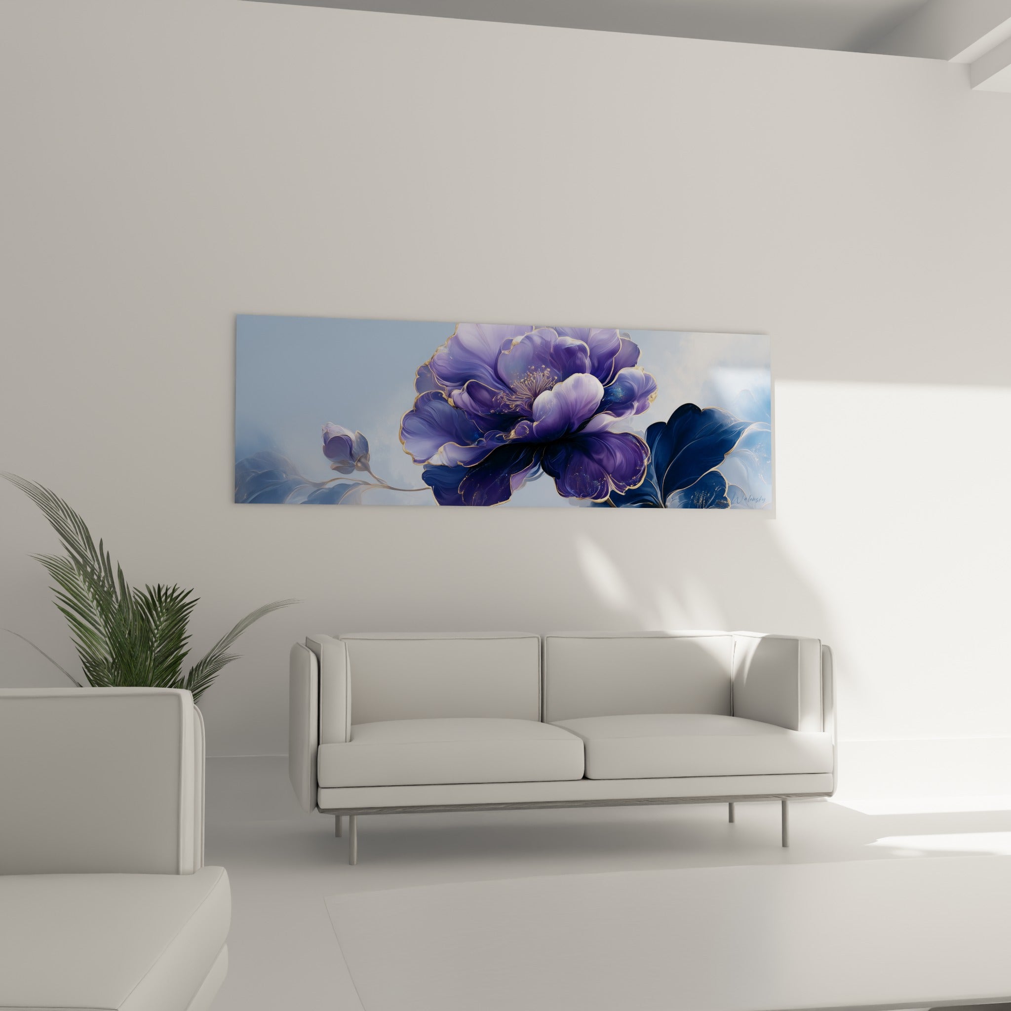 Pétales de camélia violet et doré déployés en éventail, au-dessus d'un canapé dans un salon lumineux