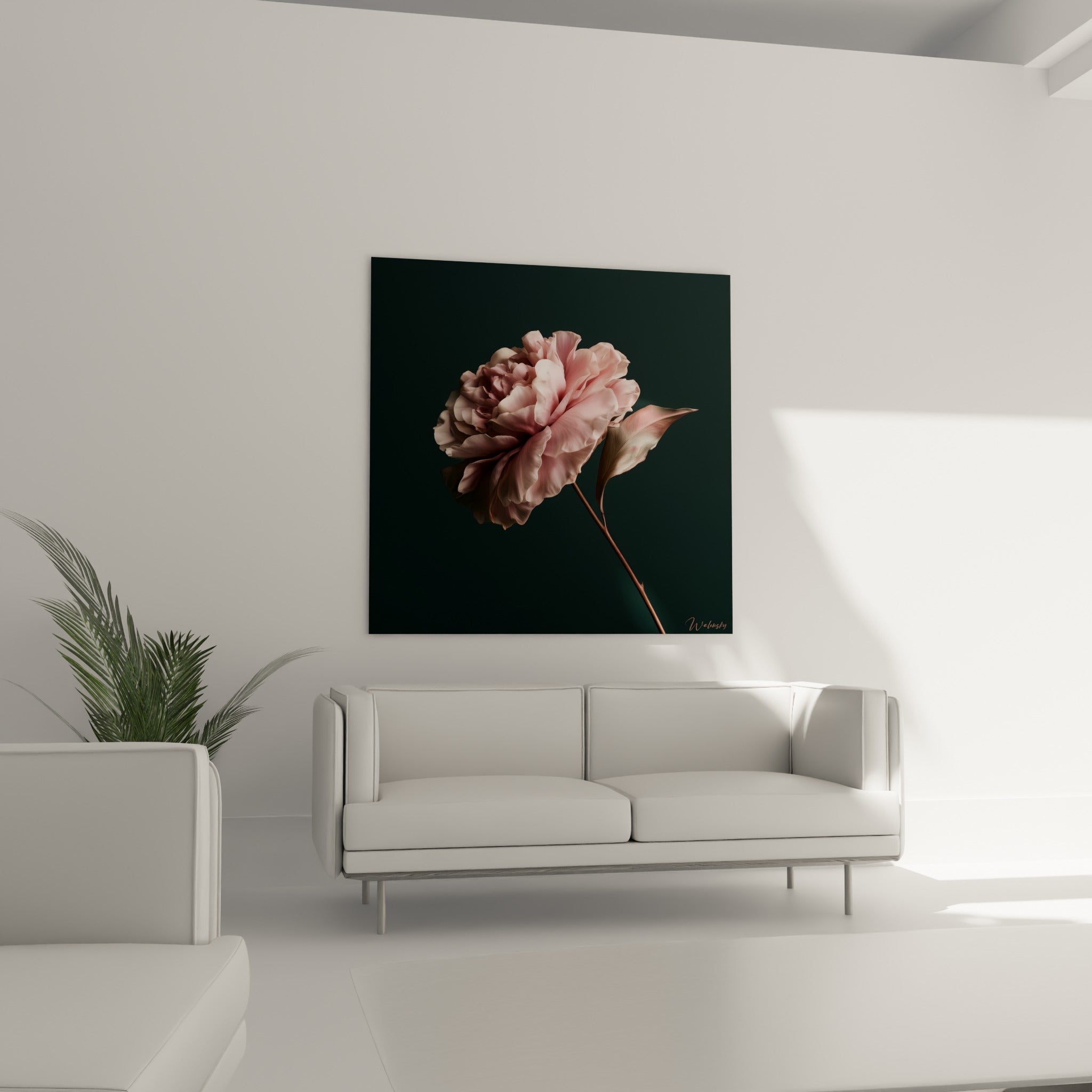 Pétales de camélia rose délicat contrastant avec un fond sombre, accrochés au-dessus d'un canapé dans un salon lumineux