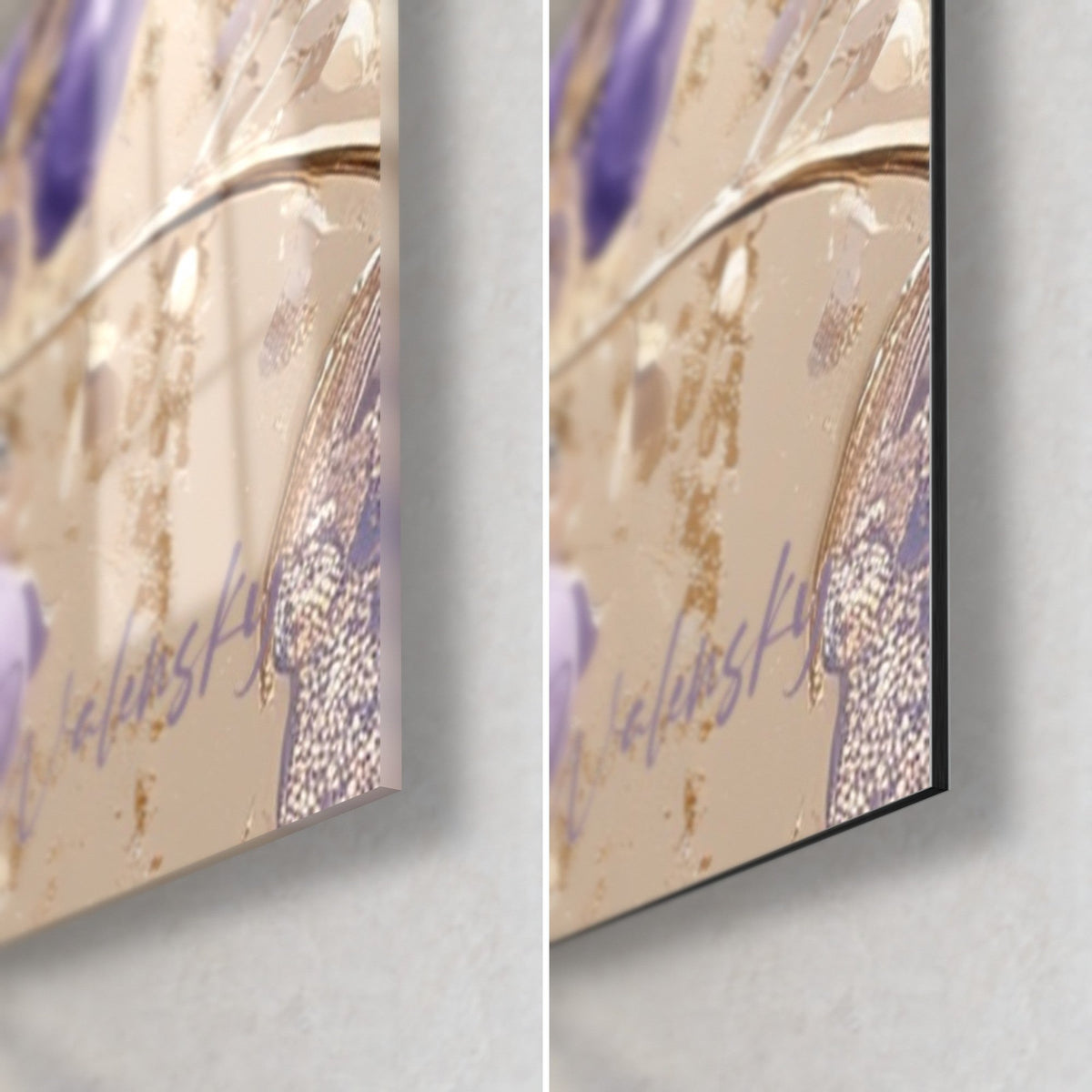 Tableau fleurs pourpres aux reflets dorés, coin bas droit : verre brillant à gauche, Dibond mat à droite, tranche de 3 mm