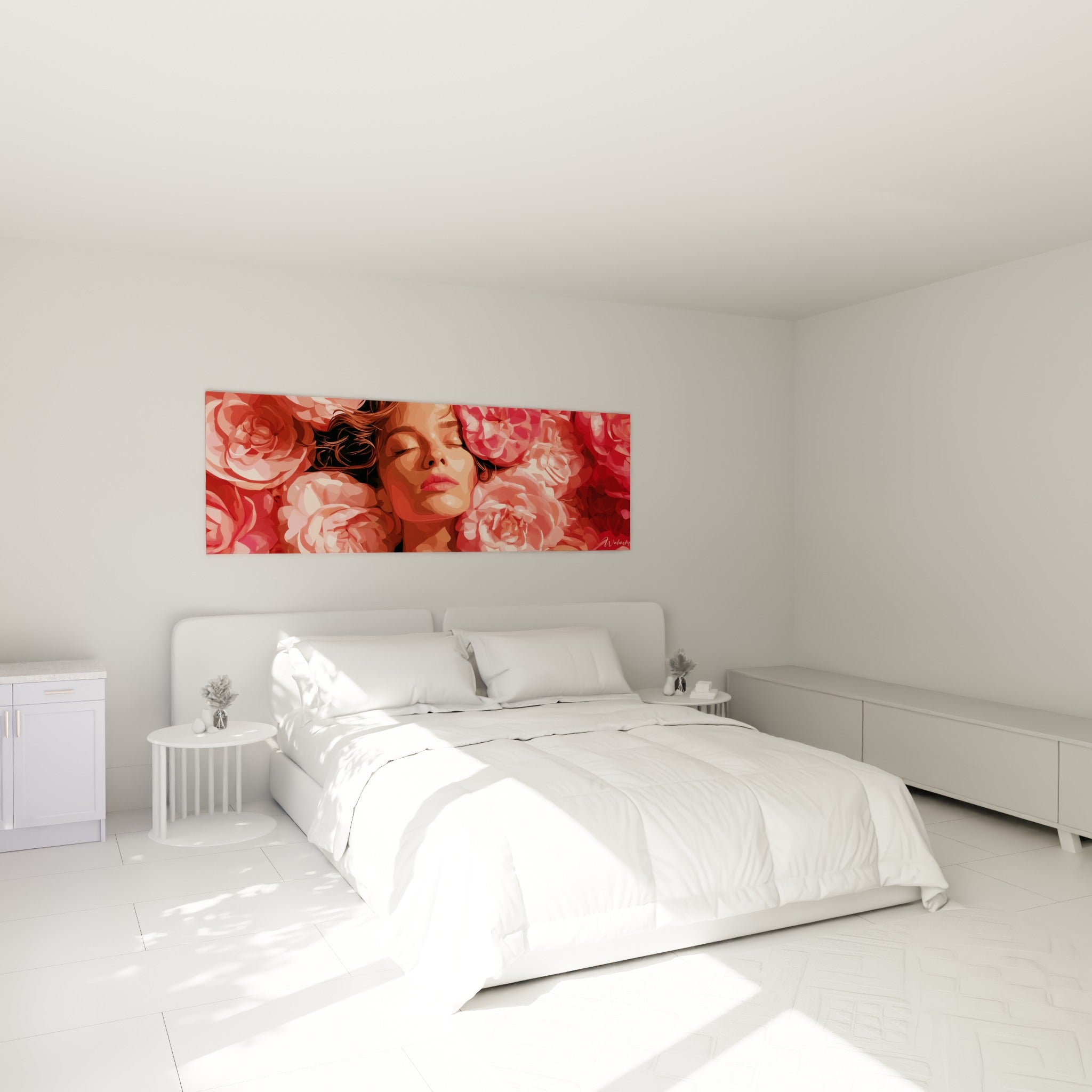 Portrait fleuri Camélia aux tons roses accroché au-dessus d'un lit dans une chambre claire